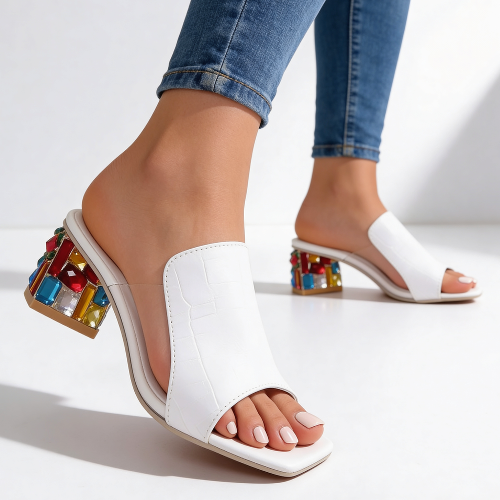 Women's Rhinestone Block Heel Slides - Jeweled Peep-Toe Sandals