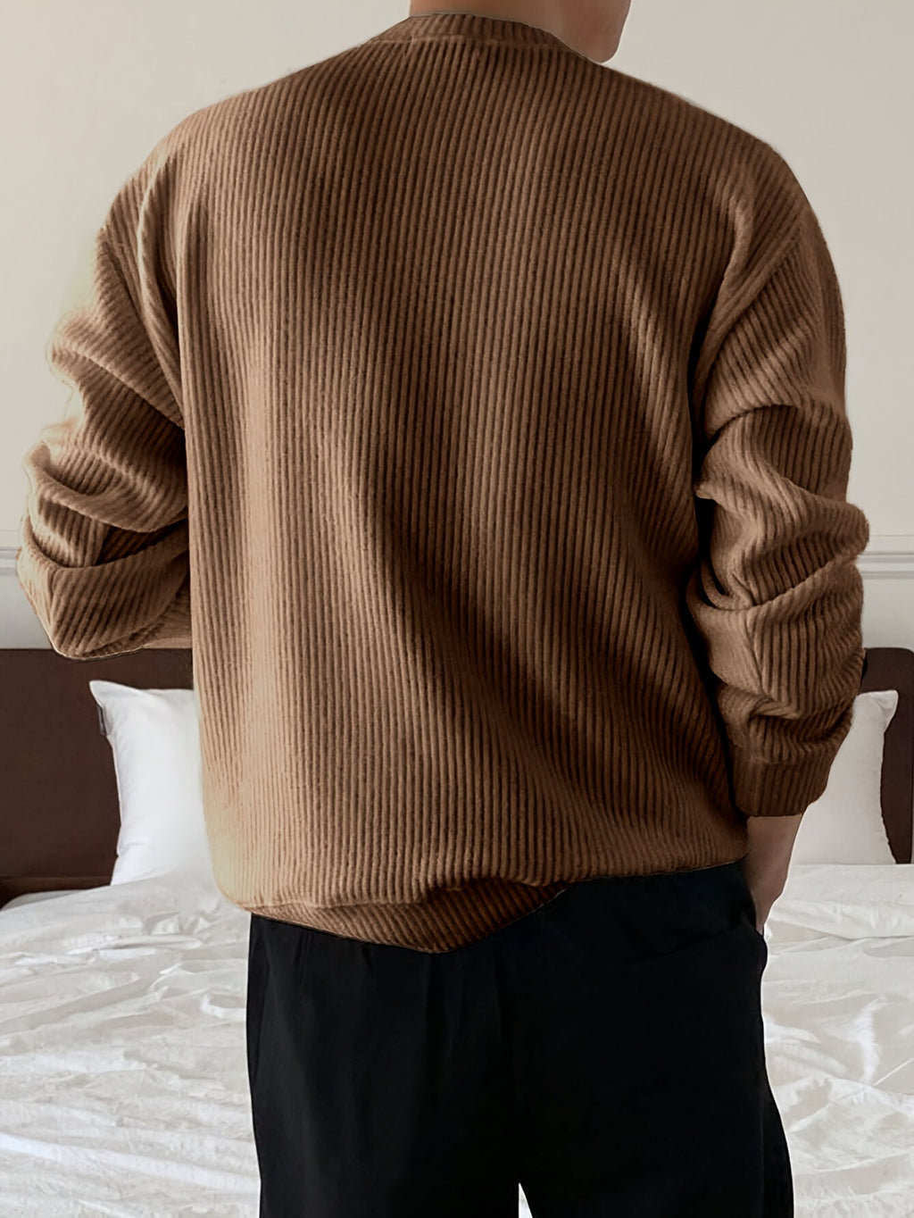 Men's Ribbed Crew-Neck Sweater - Loose Fit Knit Pullover