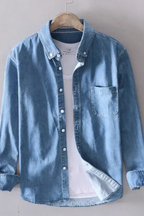 Men's Denim Button-Down Shirt - Long Sleeve Casual Cotton Shirt