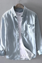 Men's Denim Button-Down Shirt - Long Sleeve Casual Cotton Shirt