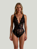 Women's Lace Bodysuit with Deep V-Neck and Floral Pattern