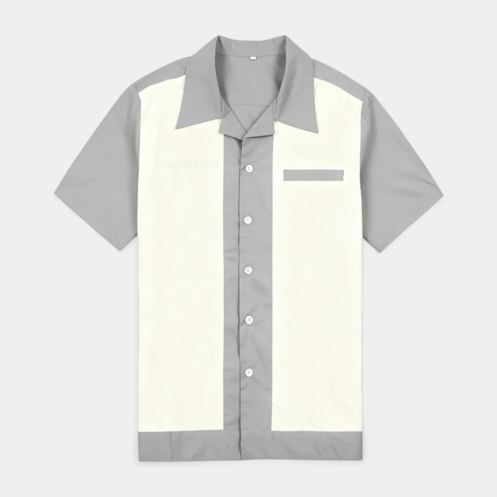 Men's Short Sleeve Shirt with Camp Collar - Button-Up Fitted Style
