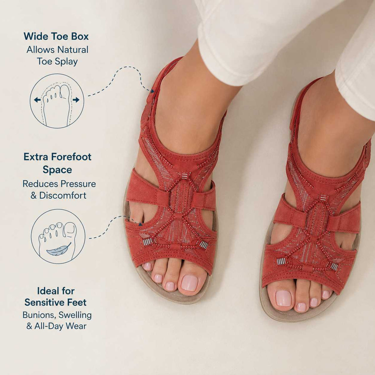 Women's Orthopedic Wedge Sandals - Adjustable Strap, Arch Support Footbed