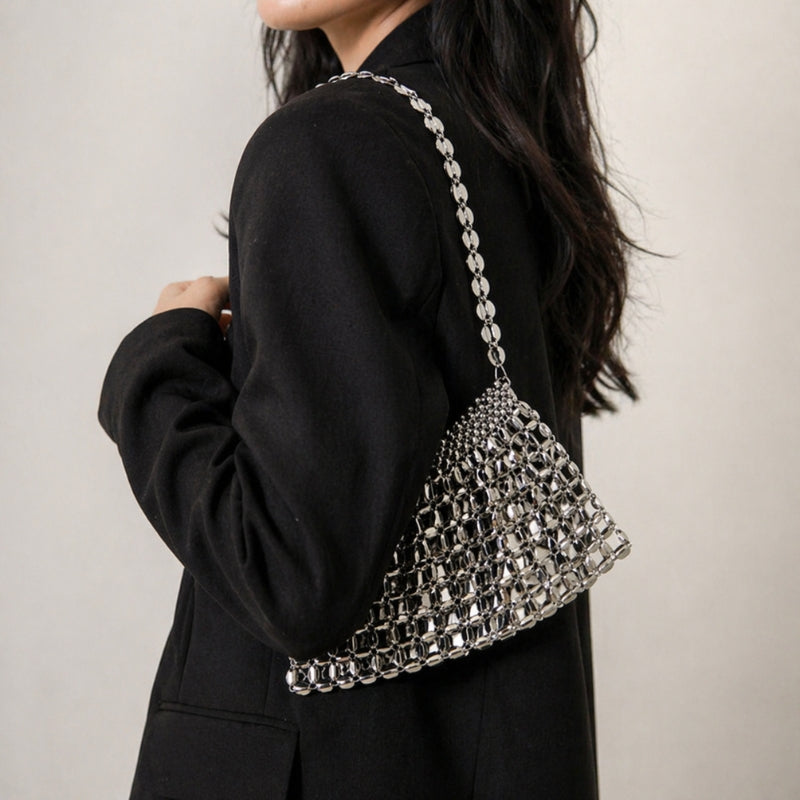Mirrored Mesh Shoulder Bag with Chain Strap