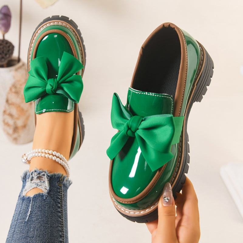 Women's Bow Loafers - Patent Finish Platform Flats