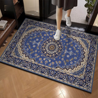 Decorative blue and white patterned rug on a wooden floor with a person stepping onto it.