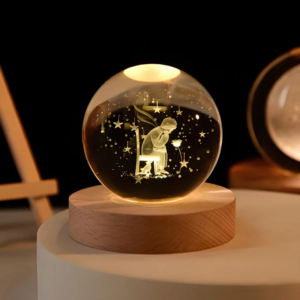 3D Engraved Crystal Ball Night Light – Wood & Glass LED Lamp