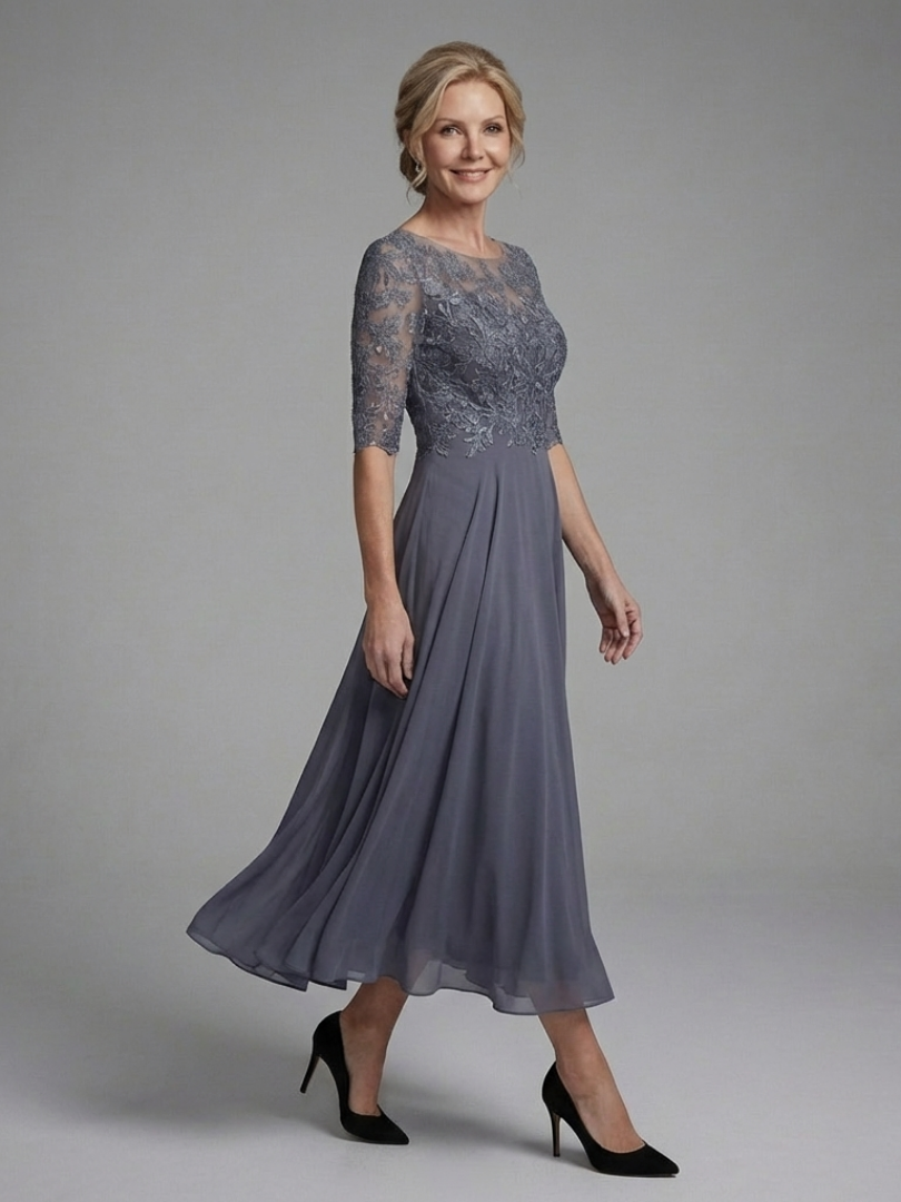 Women's Lace Bodice Midi Dress with Sheer Sleeves