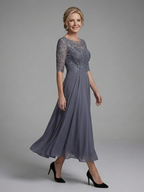 Women's Lace Bodice Midi Dress with Sheer Sleeves