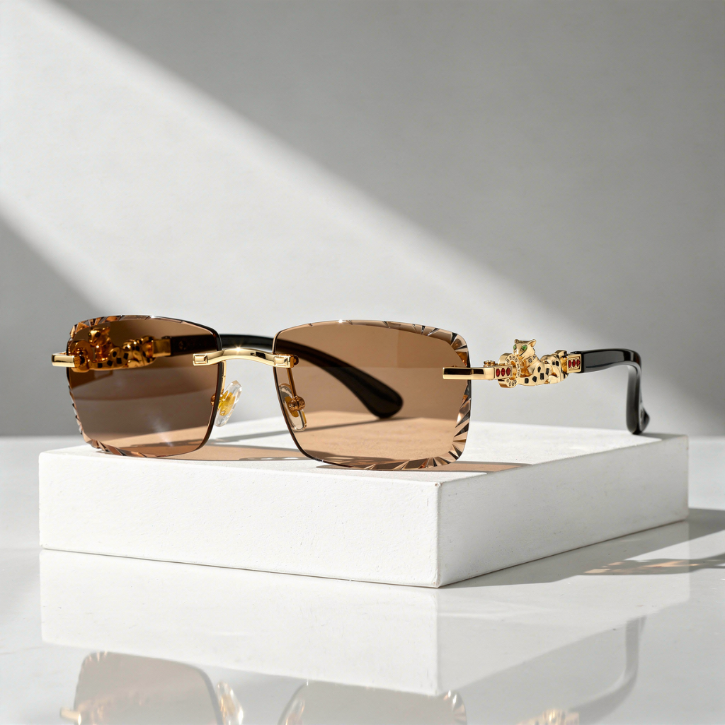 Rimless Sunglasses with Gold Panther Hinge Detail