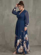 Women's Maxi Dress Navy Pleated Skirt with Sheer Sleeves