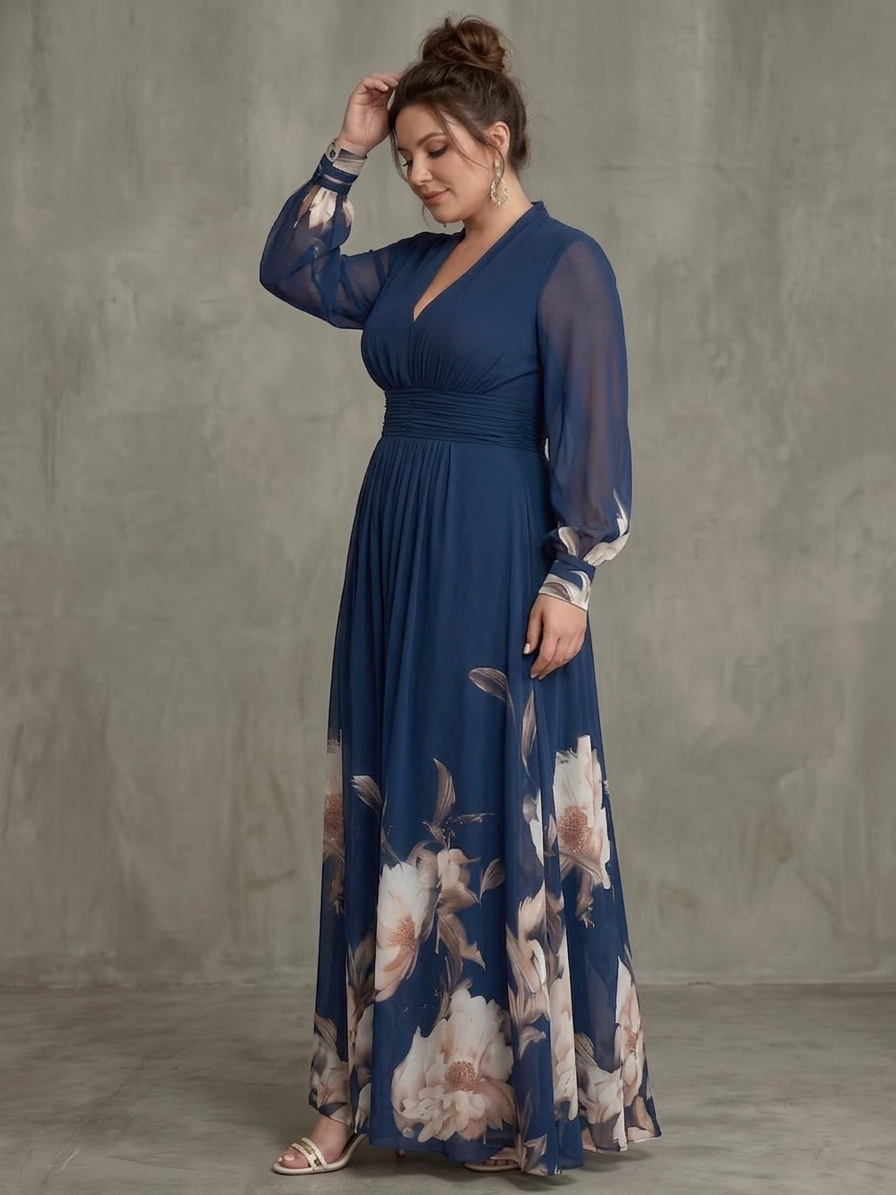 Women's Maxi Dress Navy Pleated Skirt with Sheer Sleeves