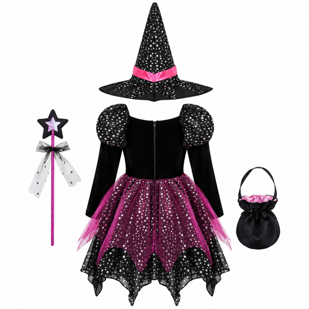 Girls 4-piece witch costume set, treat bag detail
