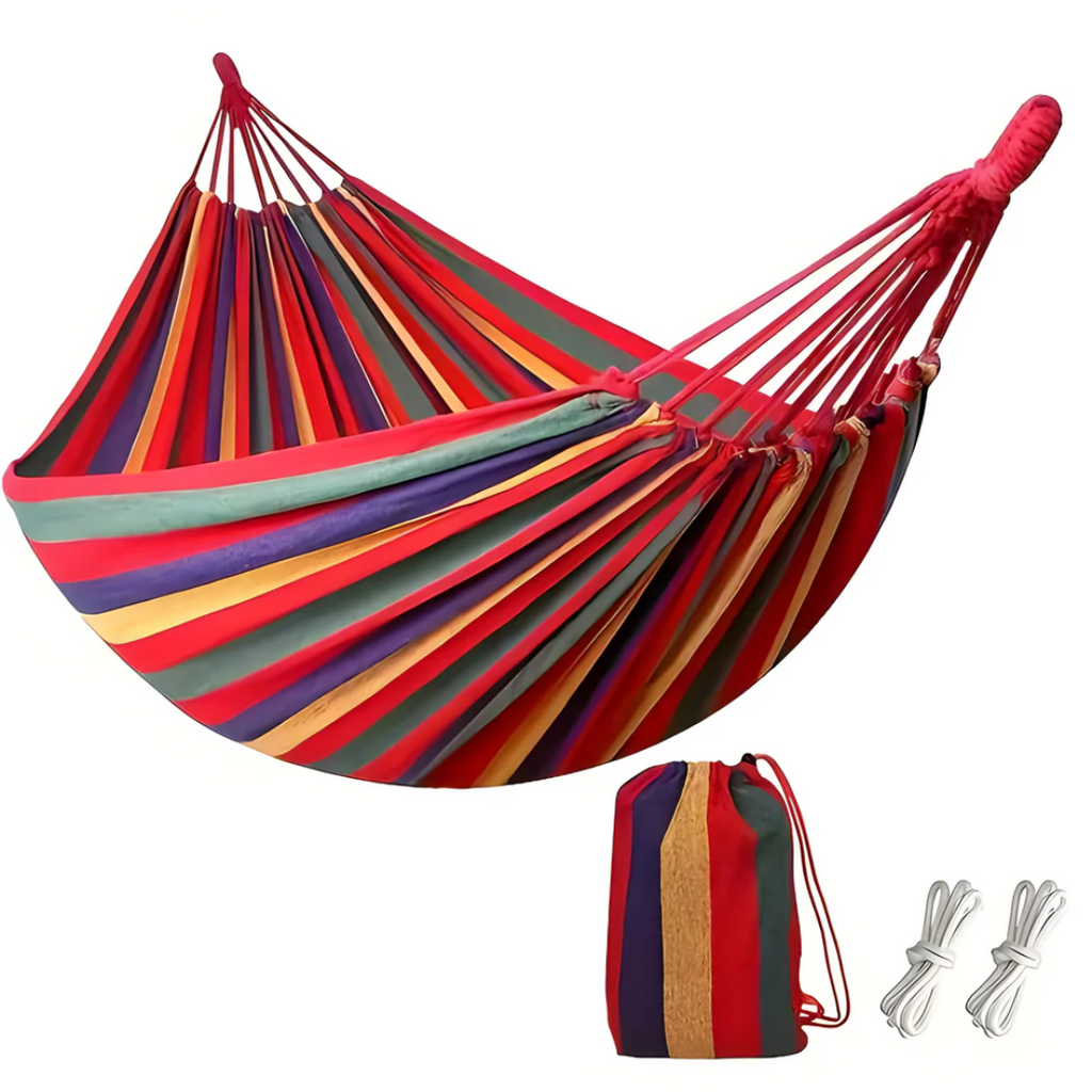 Outdoor Fabric Hammock with Striped Pattern and Rope Loops – Red - 200 cm × 150 cm (78.74" × 59.06")