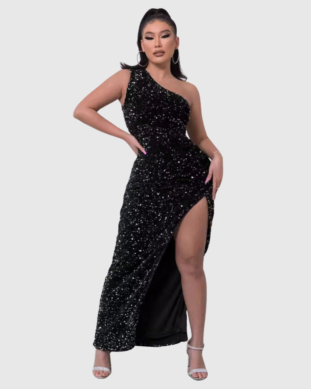 Women's One-Shoulder Sequin Evening Dress with Thigh Slit