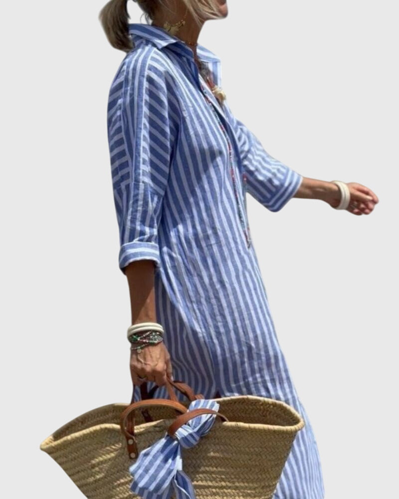 Women's Striped Midi Dress with Relaxed Fit and Side Pocket