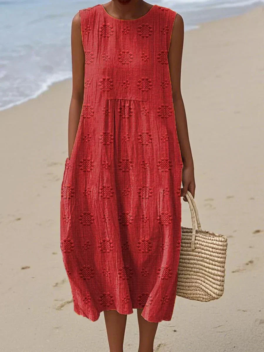 Women's Sleeveless Midi Dress with Pattern Print