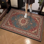 Decorative rug with intricate patterns on a wooden floor, person stepping onto it.