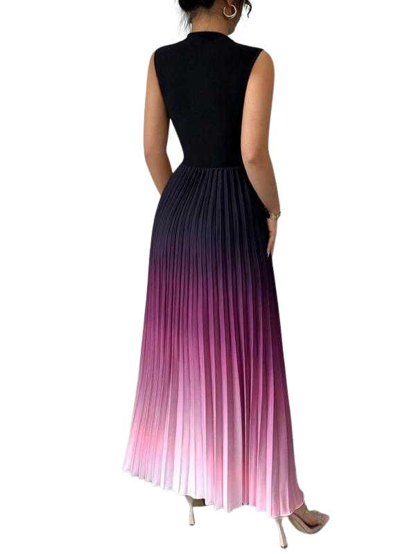 Women's Pleated Maxi Dress with Mock Neck, Sleeveless A-Line
