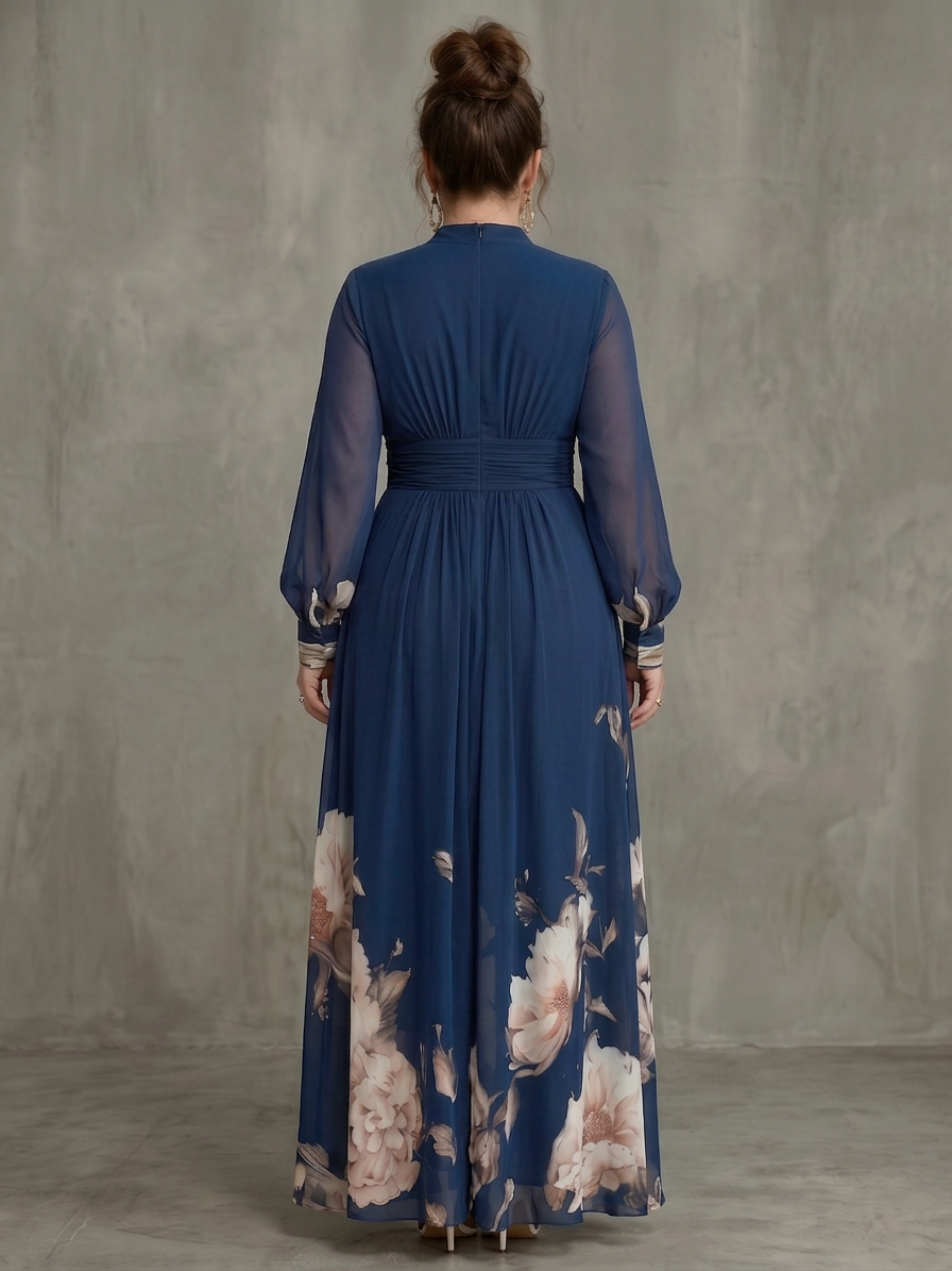 Women's Maxi Dress Navy Pleated Skirt with Sheer Sleeves