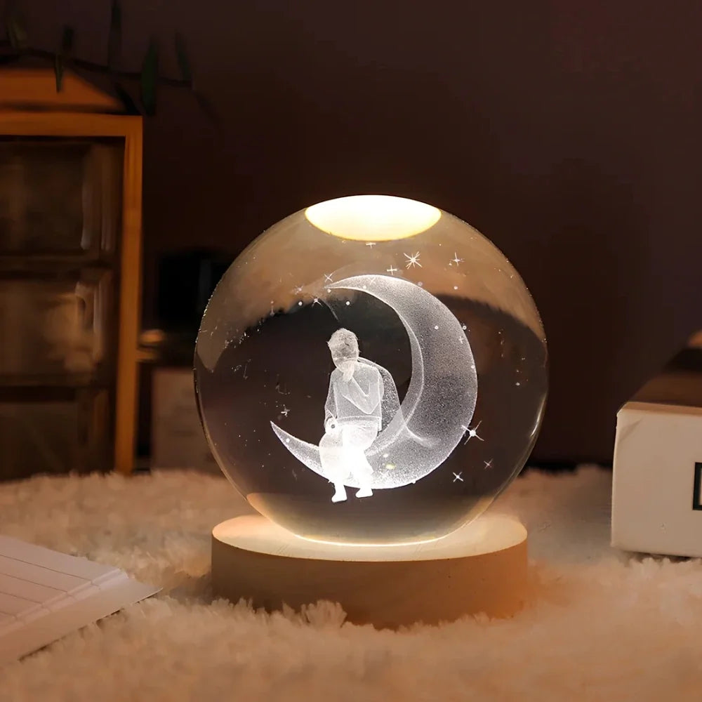3D Engraved Crystal Ball Night Light – Wood & Glass LED Lamp