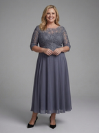 Women's Lace Bodice Midi Dress with Sheer Sleeves