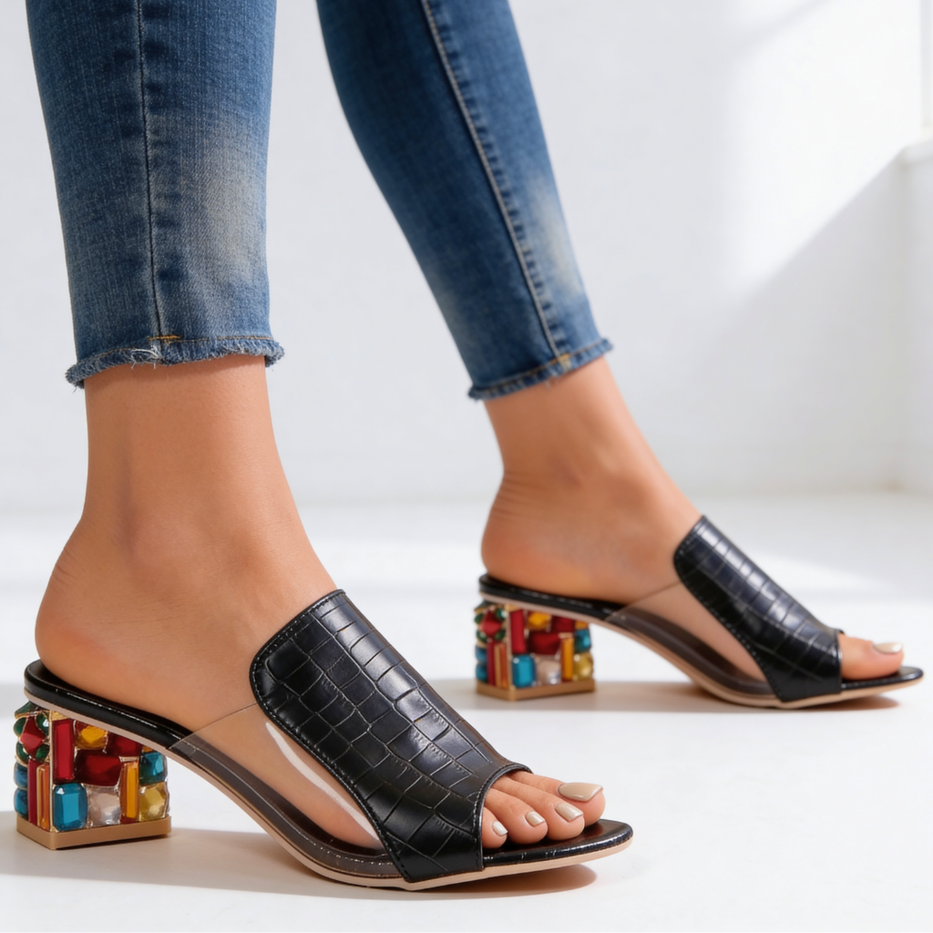 Women's Rhinestone Block Heel Slides - Jeweled Peep-Toe Sandals