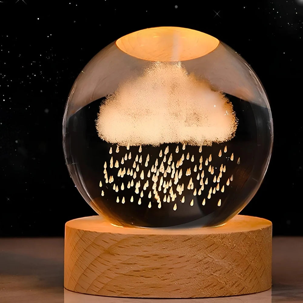 3D Engraved Crystal Ball Night Light – Wood & Glass LED Lamp