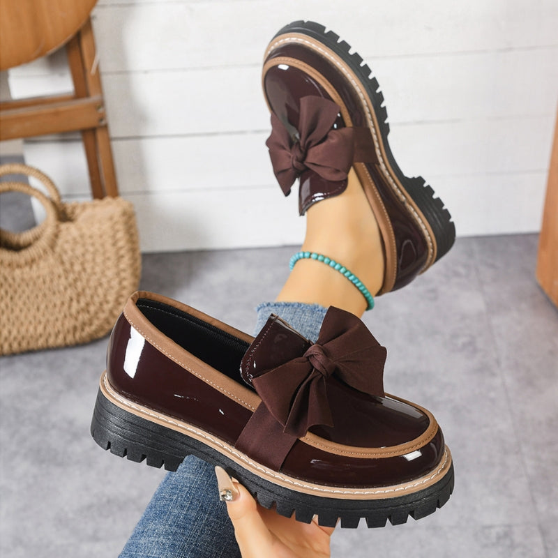 Women's Bow Loafers - Patent Finish Platform Flats