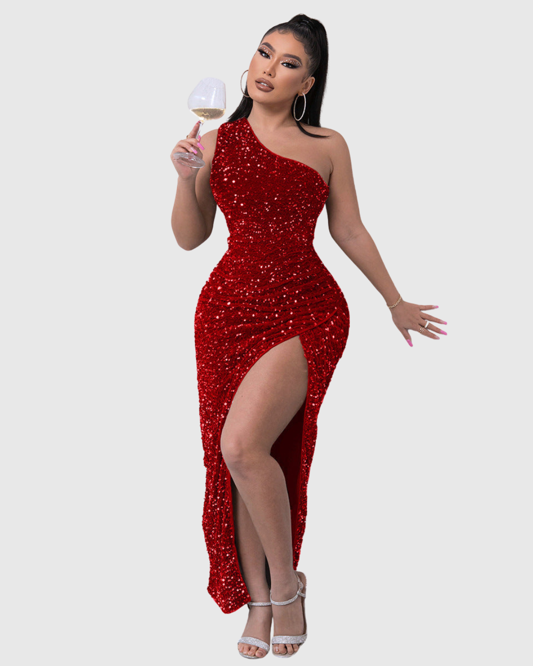 Women's One-Shoulder Sequin Evening Dress with Thigh Slit