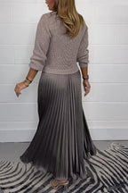Women's Jumper Dress with Pleated Skirt - Knitted Cotton Blend Midi