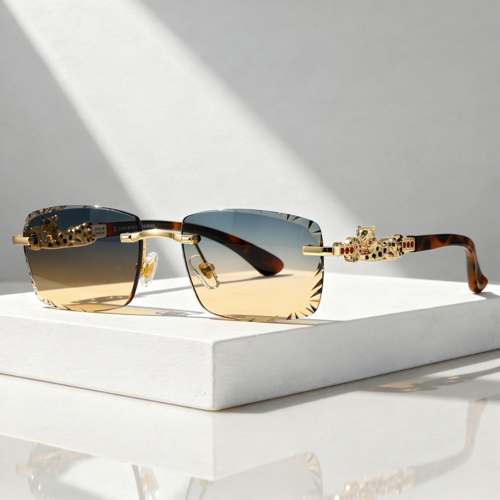 Rimless Sunglasses with Gold Panther Hinge Detail