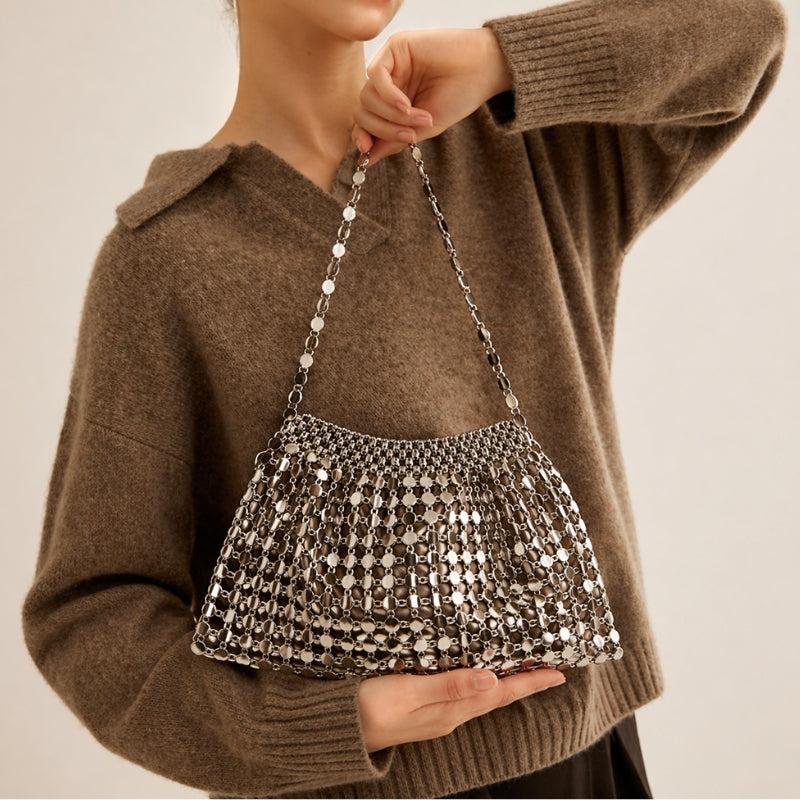 Mirrored Mesh Shoulder Bag with Chain Strap
