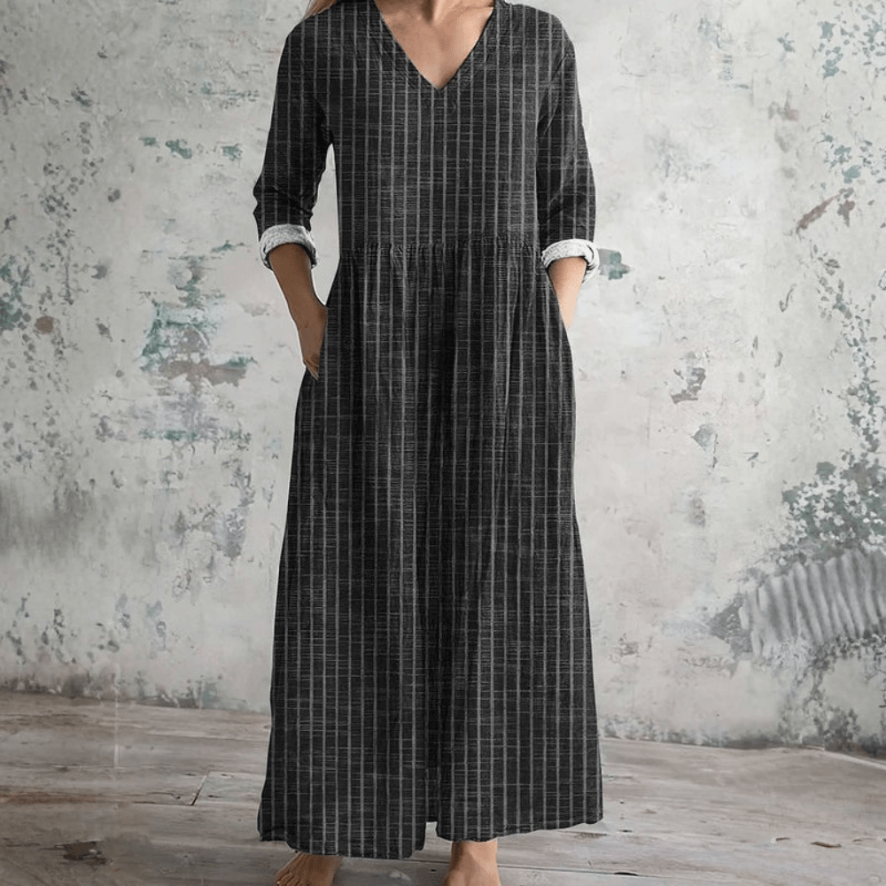 Women's Striped V-Neck Dress - Breathable Long Sleeve Casual Dress