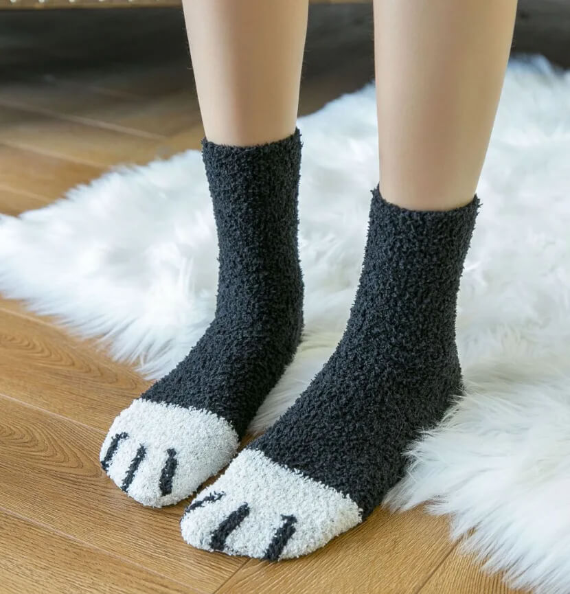 Women's Cat Paw Socks - Plush Cotton Blend Crew Socks