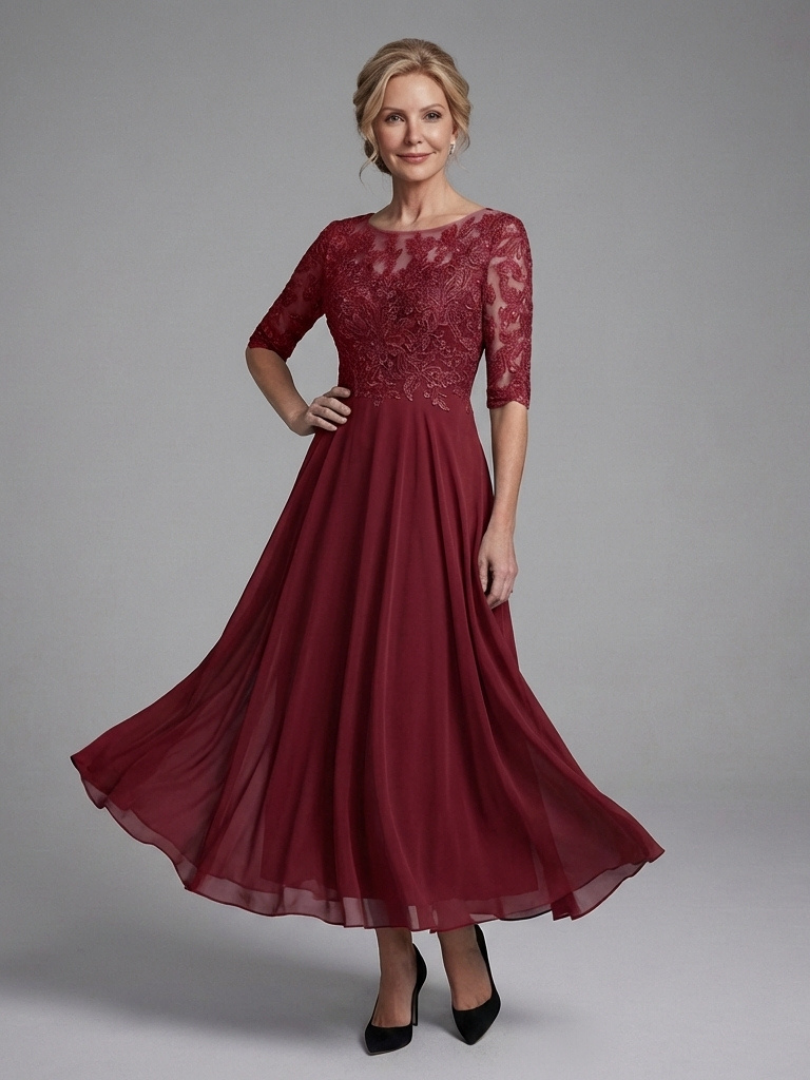 Women's Lace Bodice Midi Dress with Sheer Sleeves