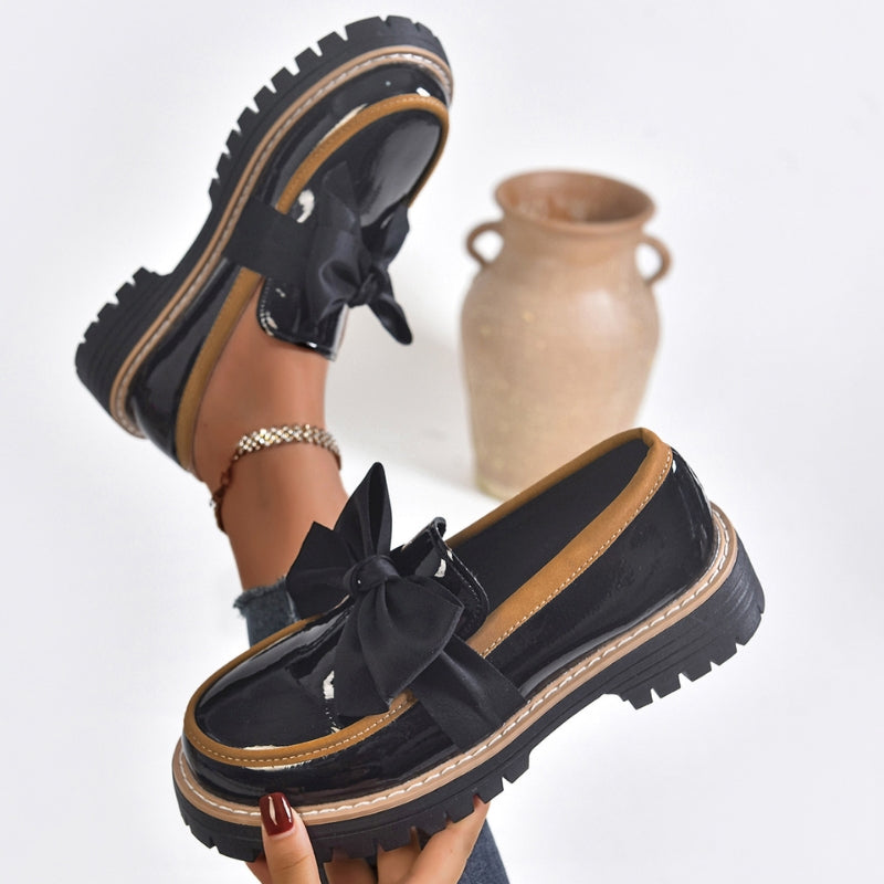 Women's Bow Loafers - Patent Finish Platform Flats