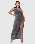 Women's One-Shoulder Sequin Evening Dress with Thigh Slit