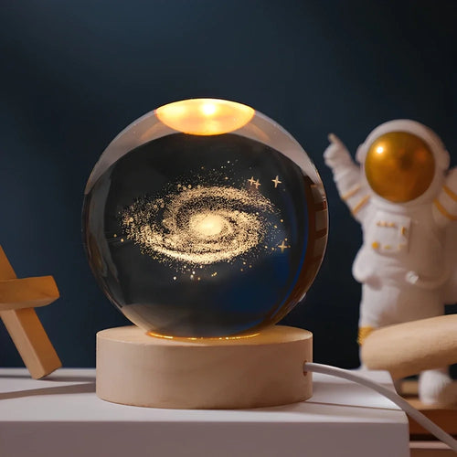 3D Engraved Crystal Ball Night Light – Wood & Glass LED Lamp
