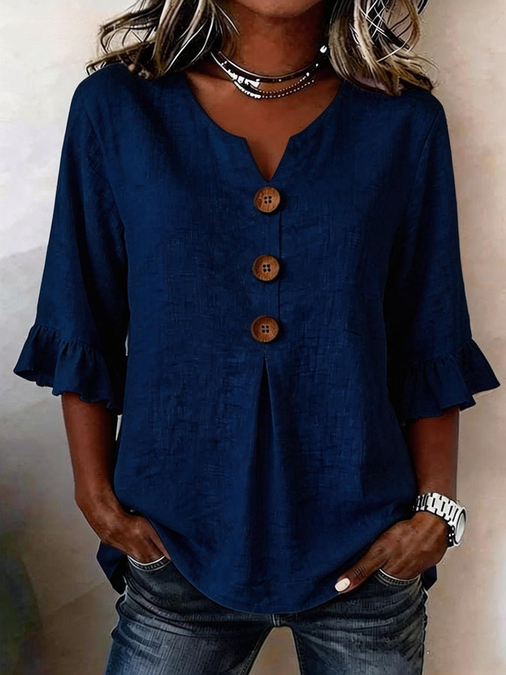 Women's Ruffle Sleeve Blouse with Button Front