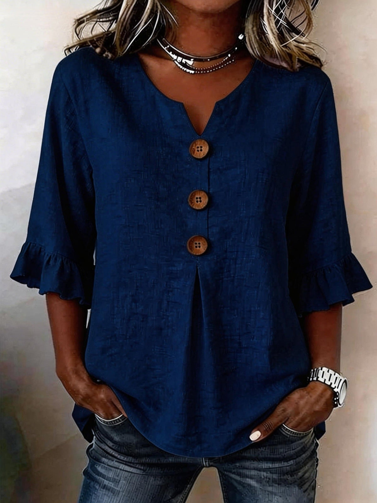 Women's Ruffle Sleeve Blouse with Button Front