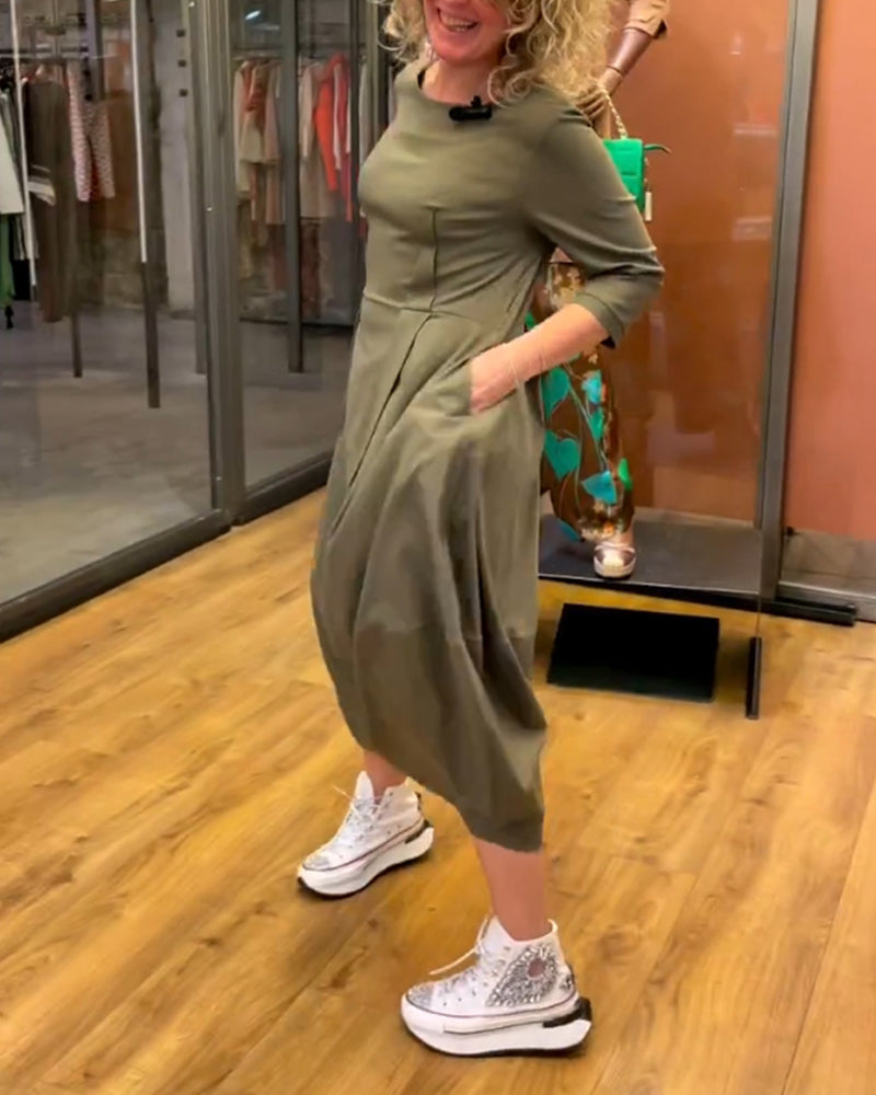 Women's Round Neck Dress with 3/4 Sleeves - Tailored Fit