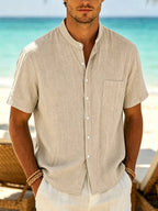 Men's Linen Shirt with Stand Collar, Short Sleeves and Chest Pocket