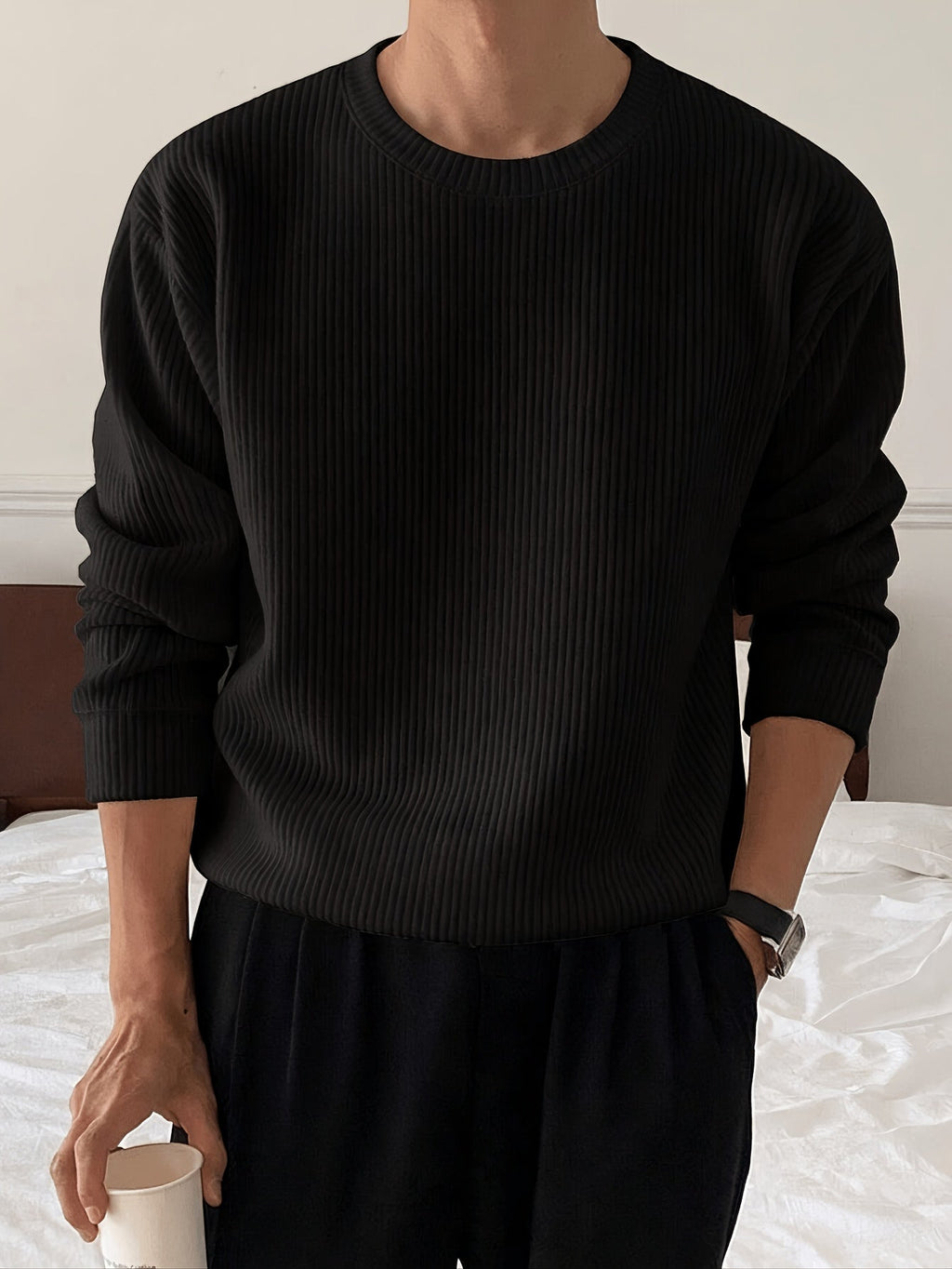 Men's Ribbed Crew-Neck Sweater - Loose Fit Knit Pullover