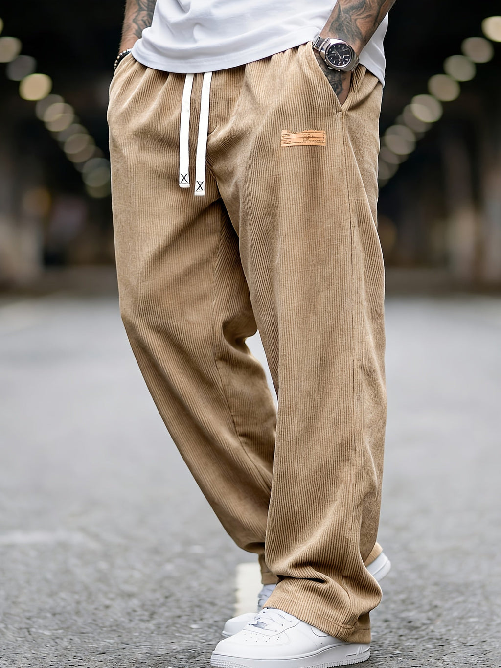 Men's Wide Leg Corduroy Trousers with Elastic Waist and Pockets