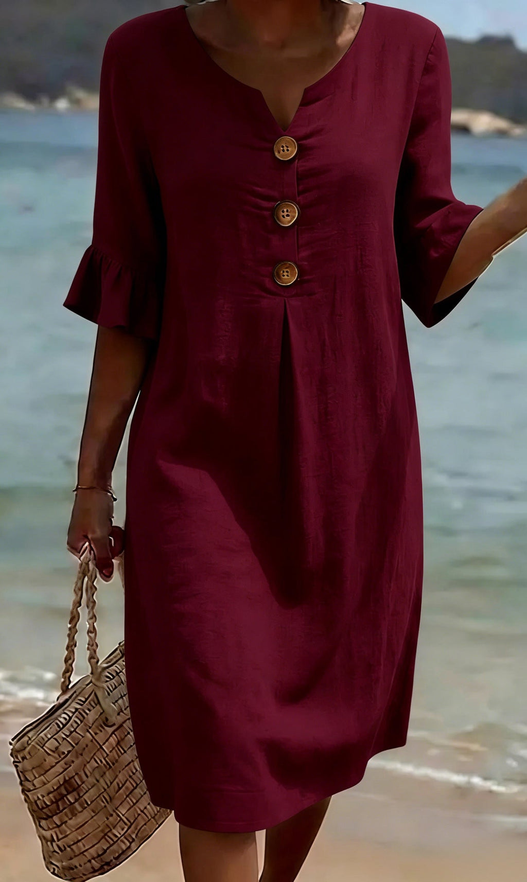 Women's Loose Fit Button-Front Dress with Flowing Sleeves