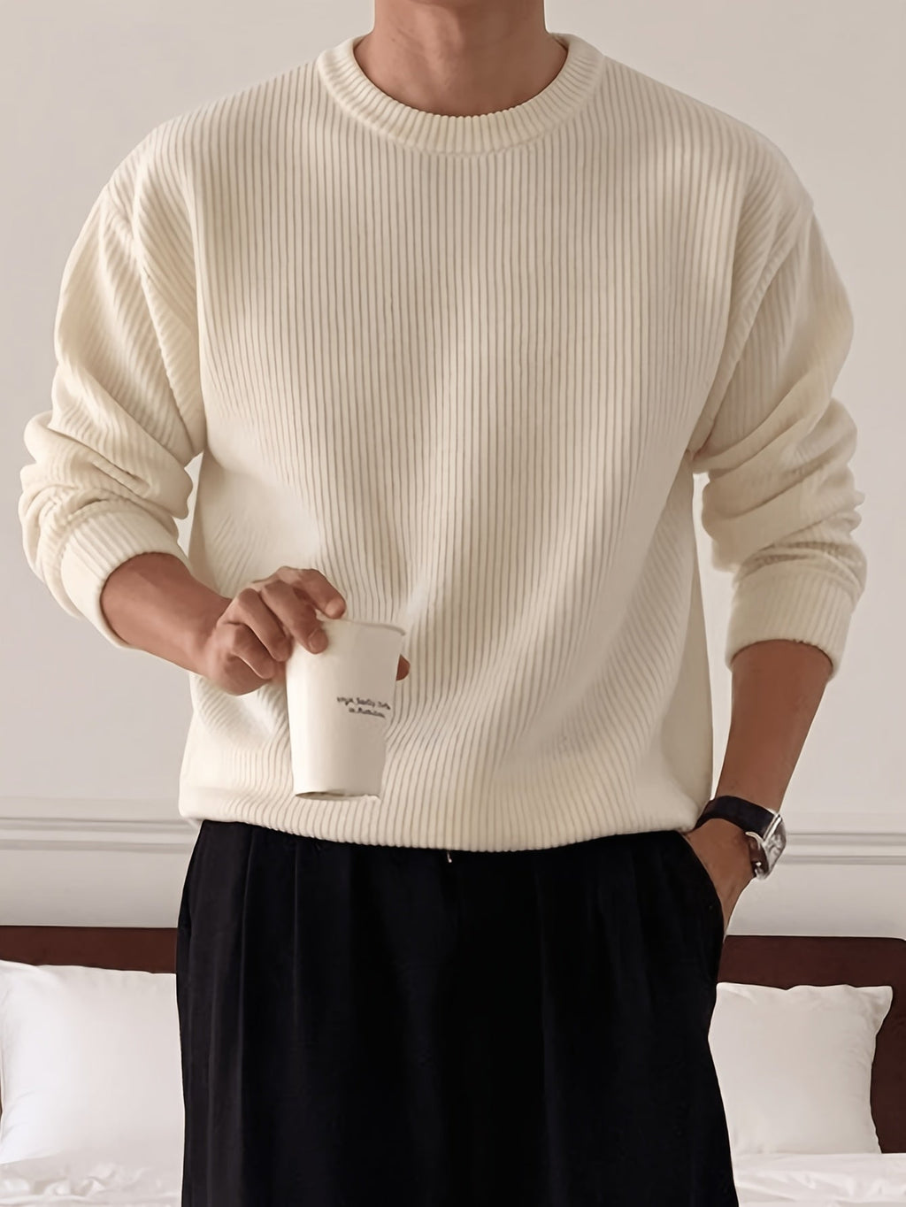 Men's Ribbed Crew-Neck Sweater - Loose Fit Knit Pullover