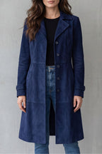 Manteau long vintage effet suédine marine, vue de face