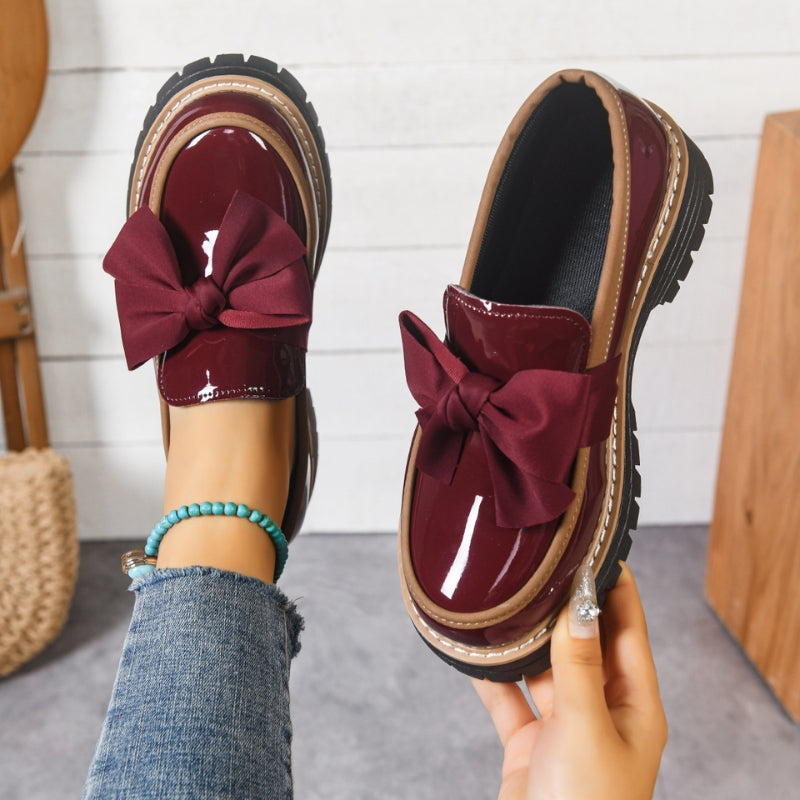 Women's Bow Loafers - Patent Finish Platform Flats