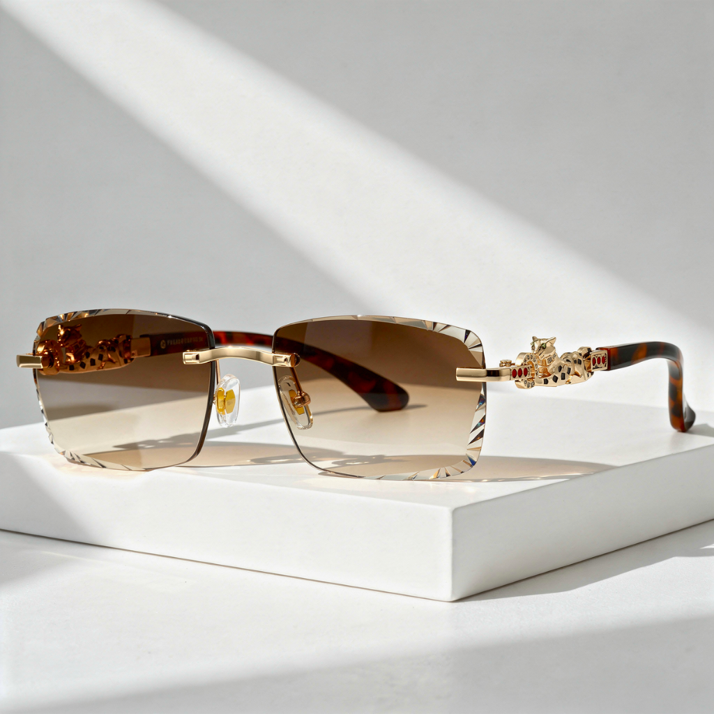 Rimless Sunglasses with Gold Panther Hinge Detail